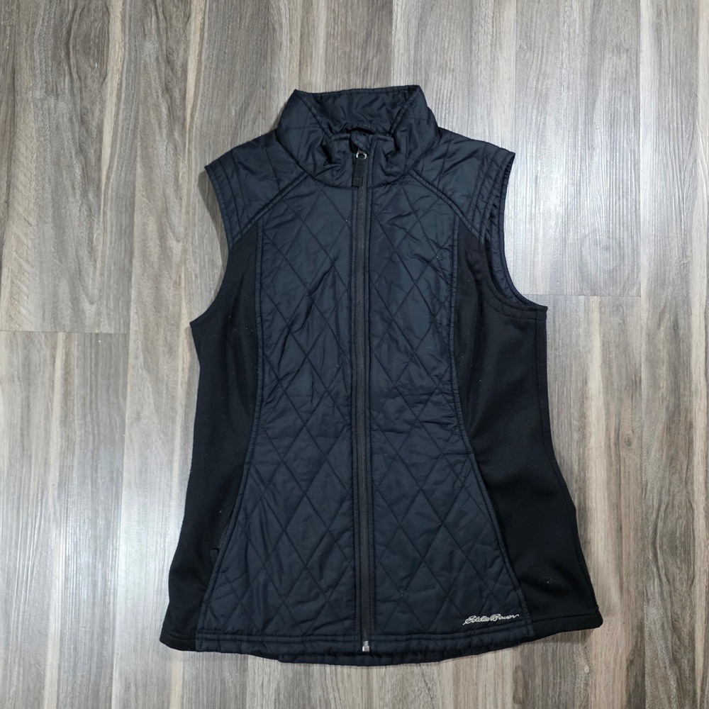 Eddie Bauer Womens Quilted Vest Black Diamond Pattern Mock Neck Full Zip Size M